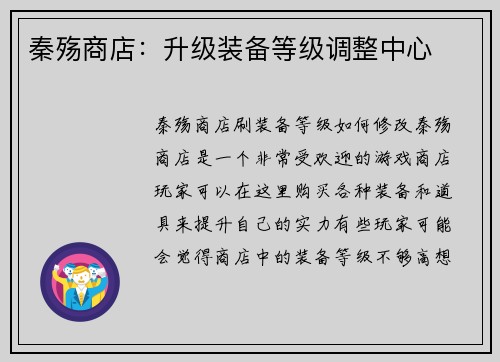 秦殇商店：升级装备等级调整中心